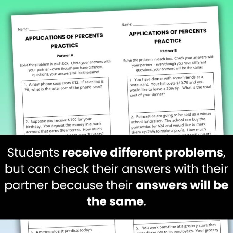 Percent Partner Worksheets - Percent Proportions and Applications ...